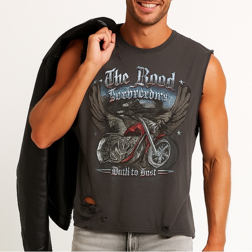 Men's Distressed Graphic Biker Tee, 100%Cotton Punk Rock Style Tank Top for Men